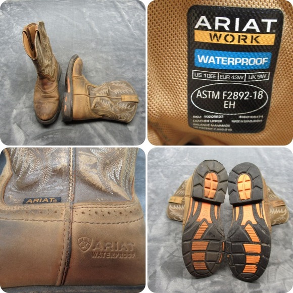 Ariat Work Boots Men 10EE WIDE Brown Waterproof Leather Western Soft Toe Pull-On